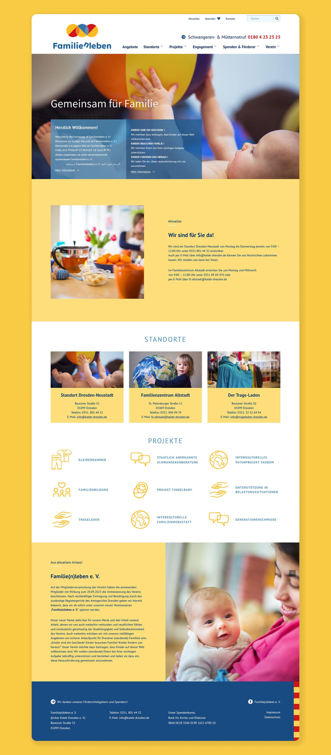familienleben-ev-dresden Ein Screenshot der Startseite der Website von Familienleben Dresden e. V. auf gelbem Hintergrund. Die Website zeigt im Headerbereich das Foto eines Babys, das mit einem bunten Wasserball spielt. Es sind außerdem Teaser und das Foto eines gedeckten Frühstückstisches zu sehen. Die Projekte des Vereins sind durch Icons visualisiert.