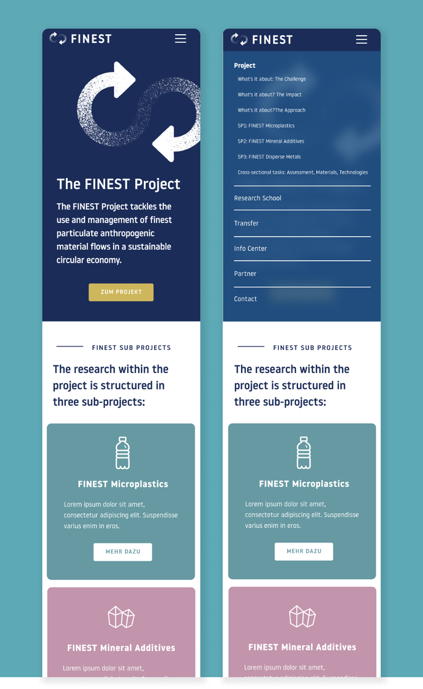 project-finest-mobil Zwei Screenshots der Mobileansicht des Projektes