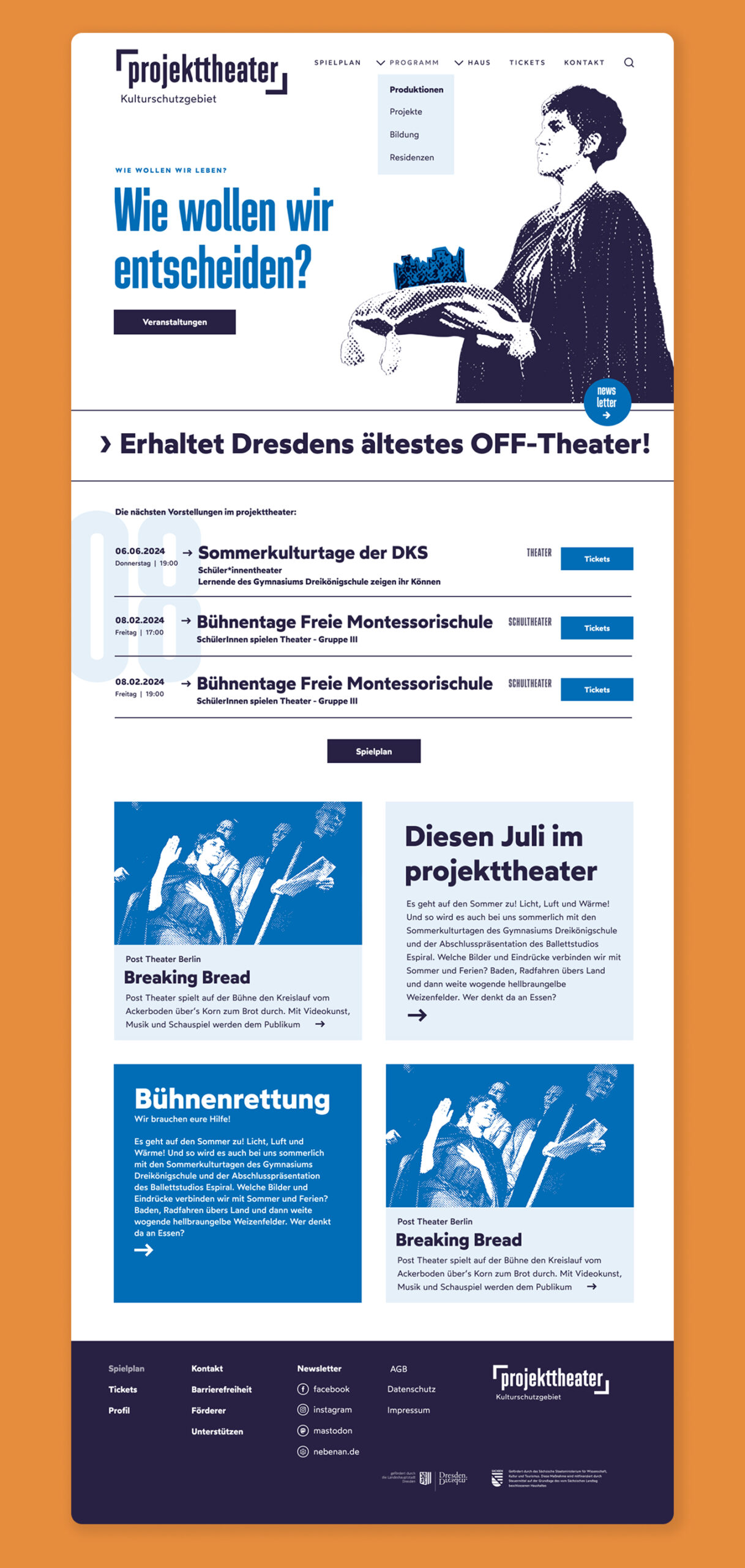 Ein Screenshot der Startseite der Website des projekttheater Dresden auf orangefarbenem Hintergrund. Die in blau gehaltene Seite zeigt ein gerastertes Headerbild aus dem Juli 24, einen Einblick in den Spielplan und Teaser zu aktuellen Themen.