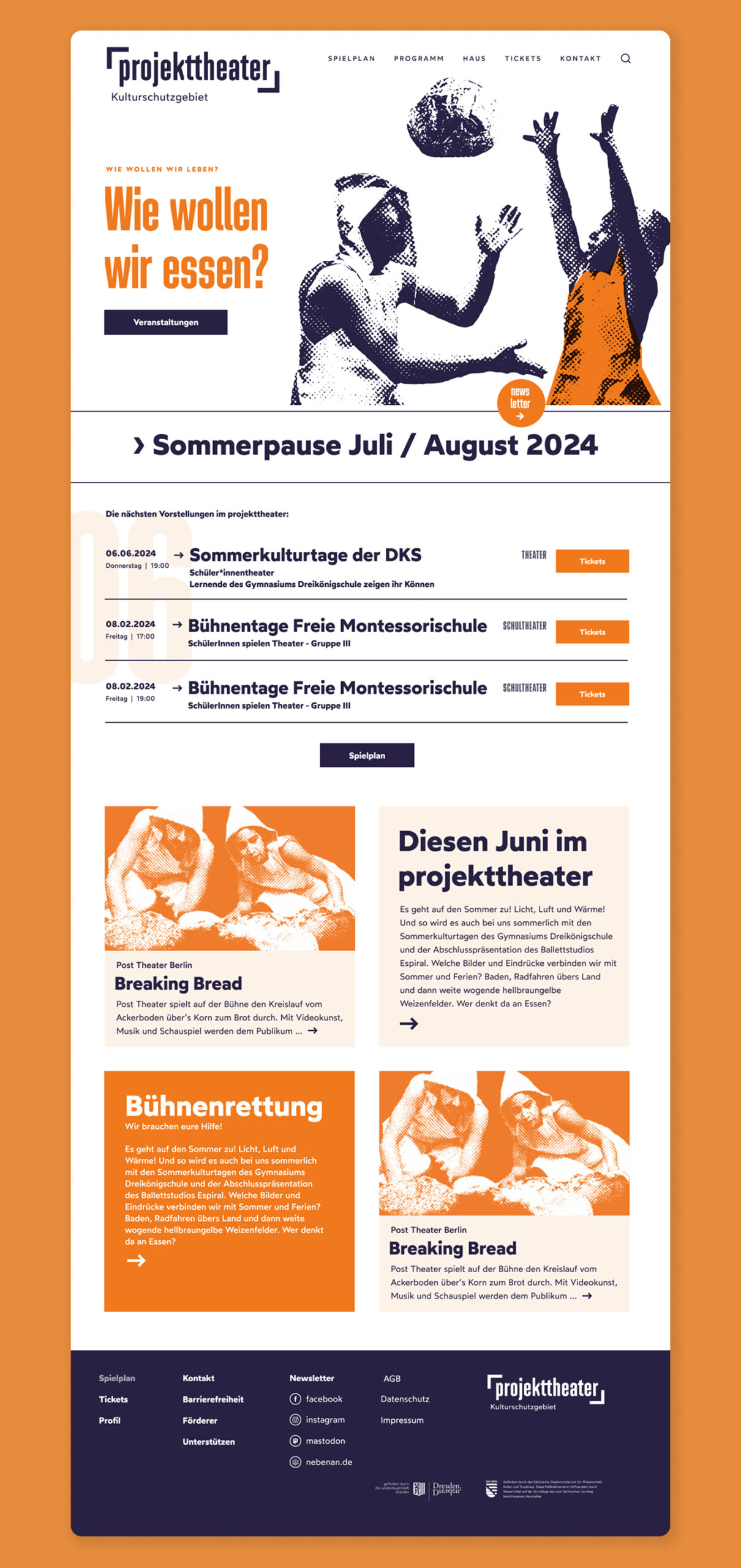 Ein Screenshot der Startseite der Website des projekttheater Dresden auf orangefarbenem Hintergrund. Die in orange gehaltene Seite zeigt ein gerastertes Headerbild aus dem August 24, einen Einblick in den Spielplan und Teaser zu aktuellen Themen.
